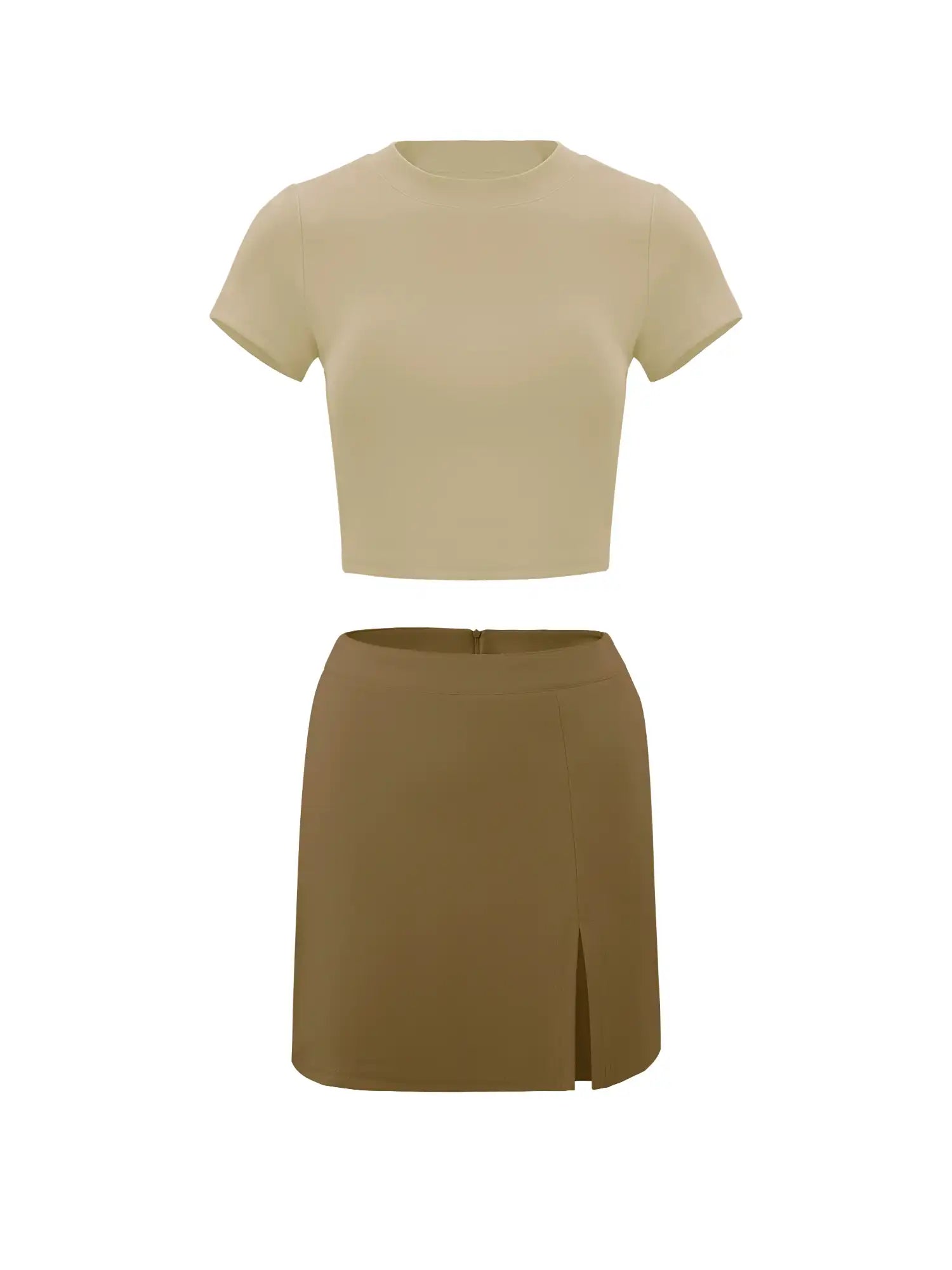 Roundneck Top & Mini Skirt Contrasting Color Casual Set