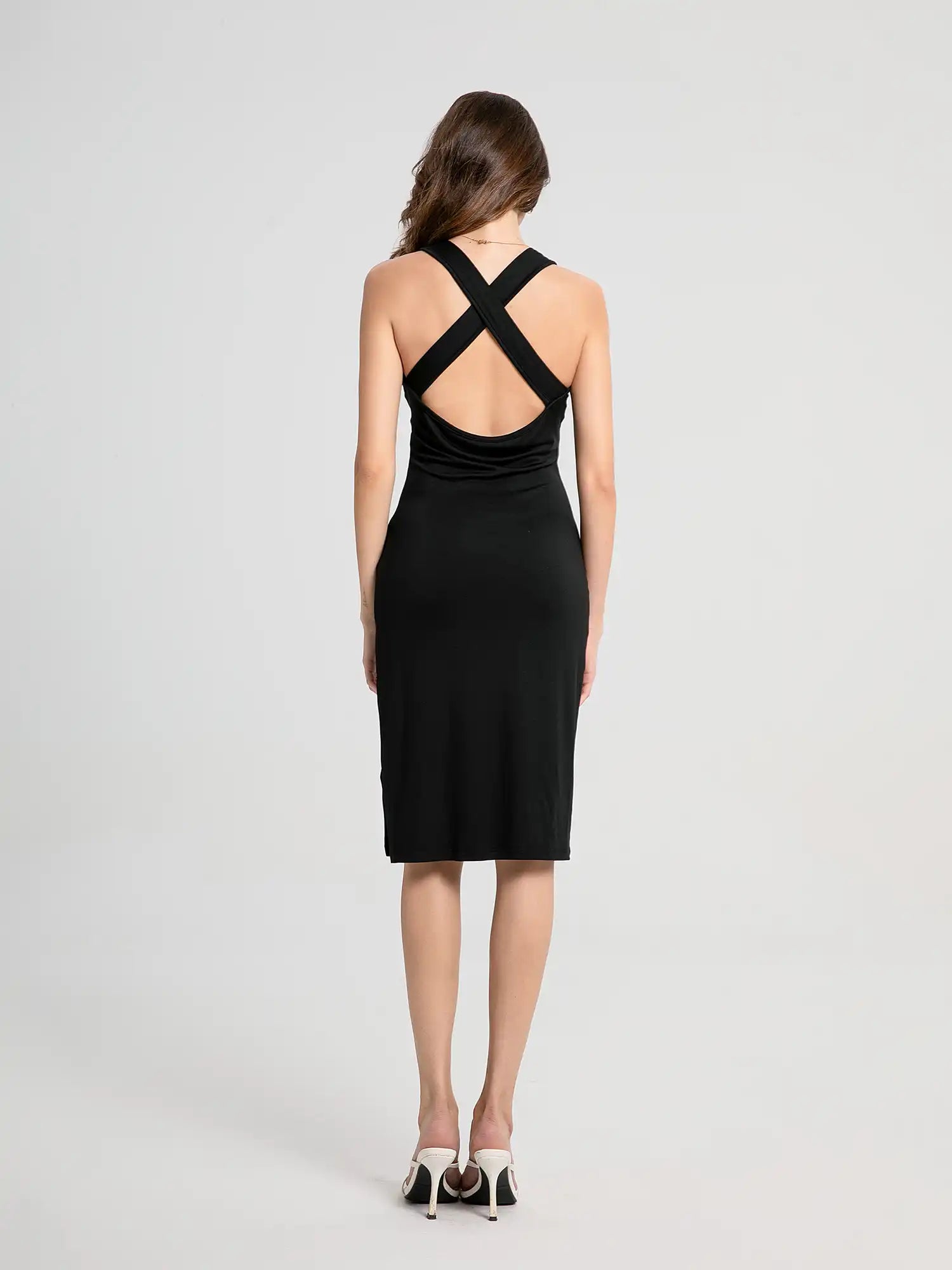 Back cross strap v-neck midi dress
