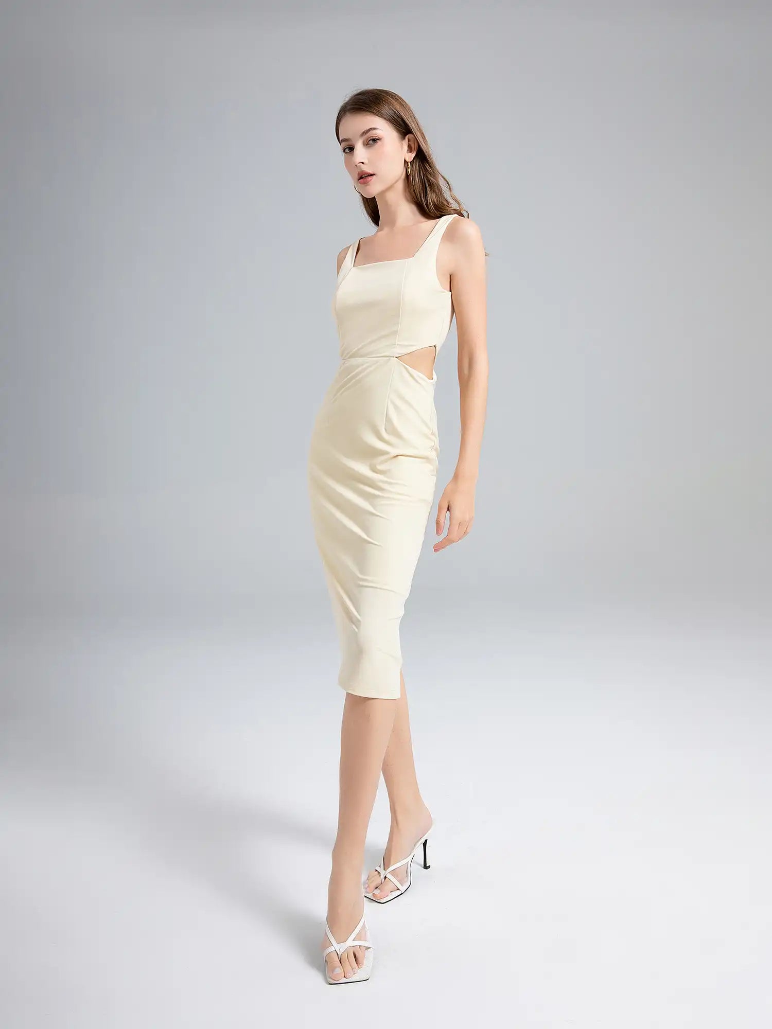 Cream Square Neck Cutout Midi Dress | HAE HAE-us Cream Square Neck Cutout Midi Dress | HAE HAE-us
