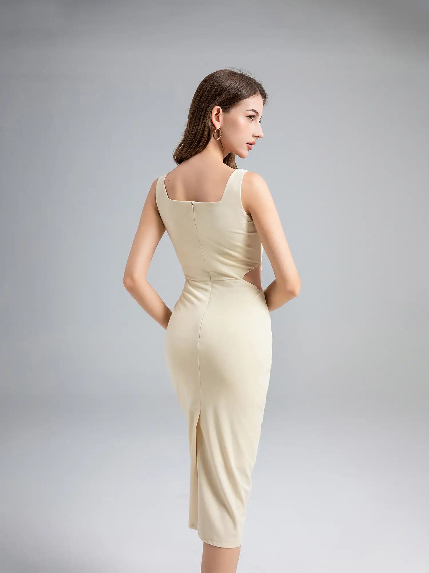 Cream Square Neck Cutout Midi Dress | HAE HAE-us Cream Square Neck Cutout Midi Dress | HAE HAE-us