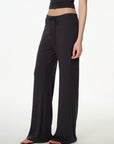 black high-rise wide-leg lounge pants, on model, full-length view
