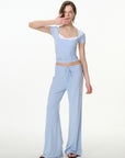 dusty blue high-rise wide-leg lounge pants, on model, alternate view
