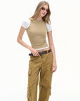 beige layered cropped short sleeve top, on model, styled view