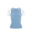 blue layered cropped short sleeve top, flat-lay front