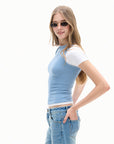 blue layered cropped short sleeve top, on model, styled view