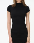 black mock neck fitted mini dress, on model, alternate view