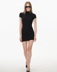 black mock neck fitted mini dress, on model, styled view