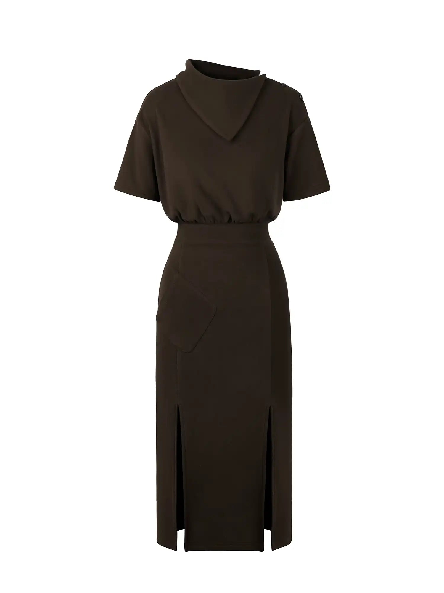 Fold-Down Neck Slit Hem Midi Dress
