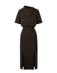 Fold-Down Neck Slit Hem Midi Dress