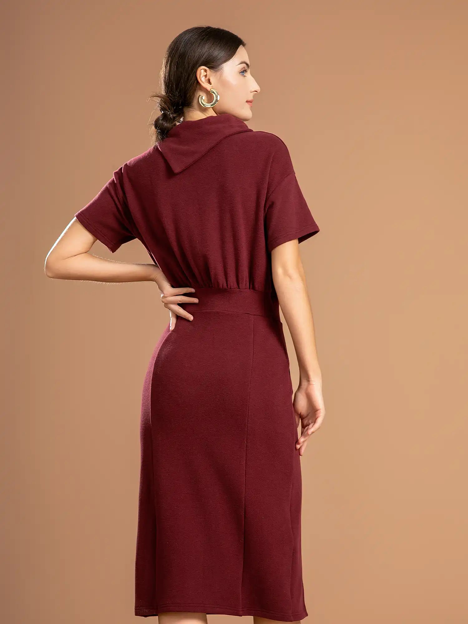 Fold-Down Neck Slit Hem Midi Dress