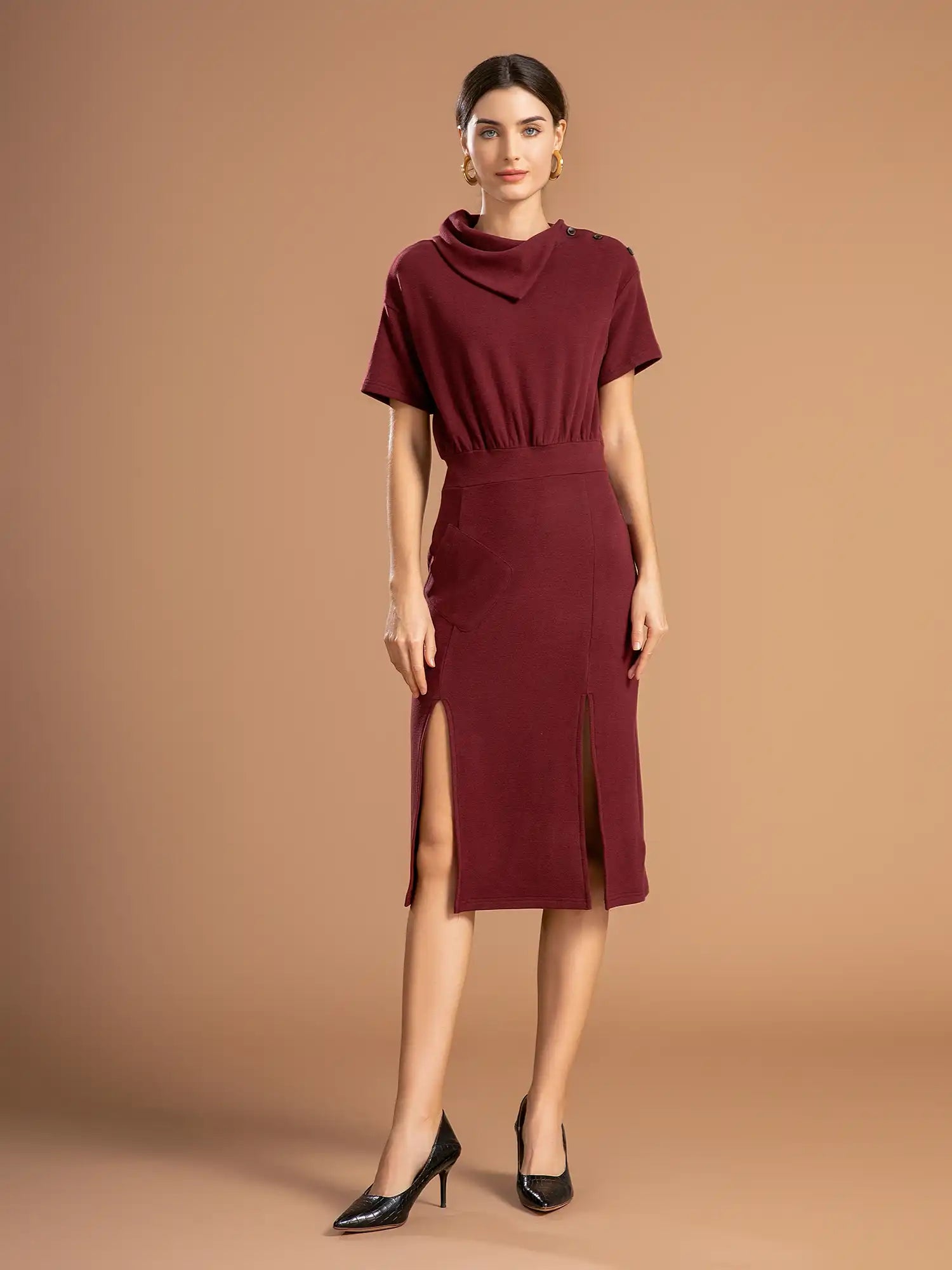 Fold-Down Neck Slit Hem Midi Dress