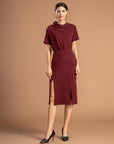 Fold-Down Neck Slit Hem Midi Dress