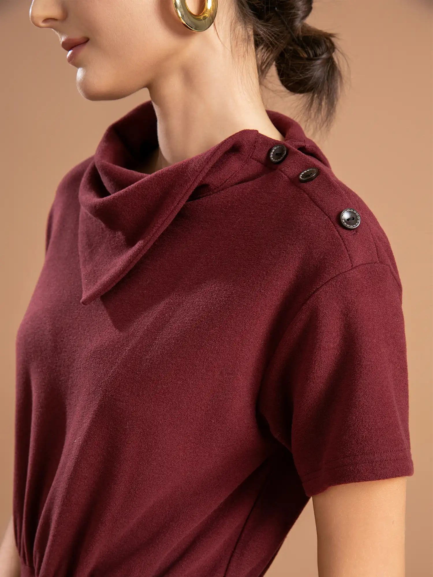Fold-Down Neck Slit Hem Midi Dress