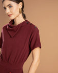 Fold-Down Neck Slit Hem Midi Dress