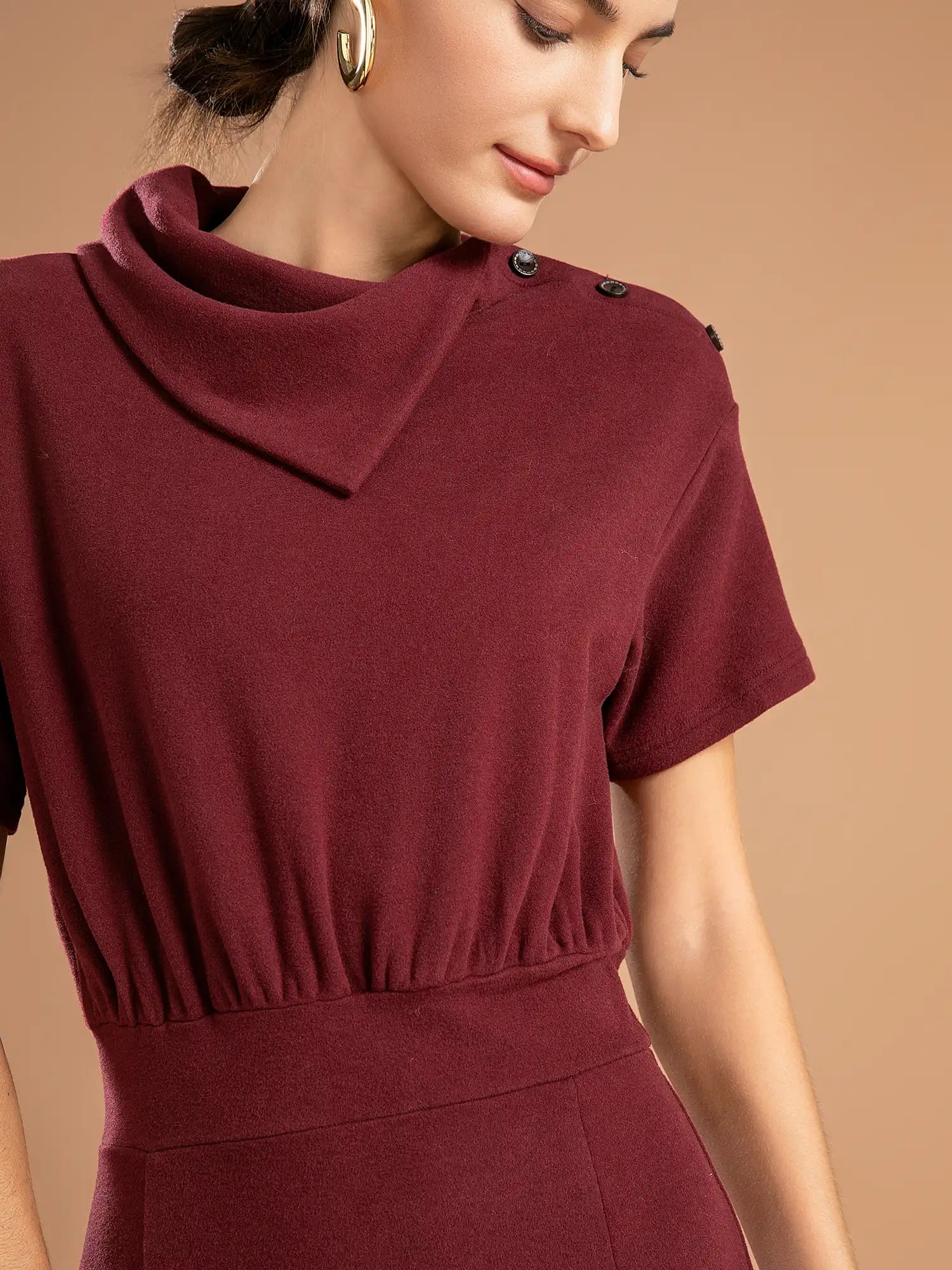 Fold-Down Neck Slit Hem Midi Dress