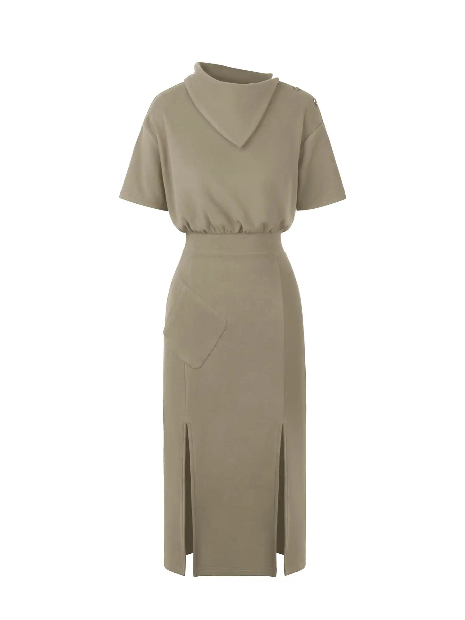 Fold-Down Neck Slit Hem Midi Dress
