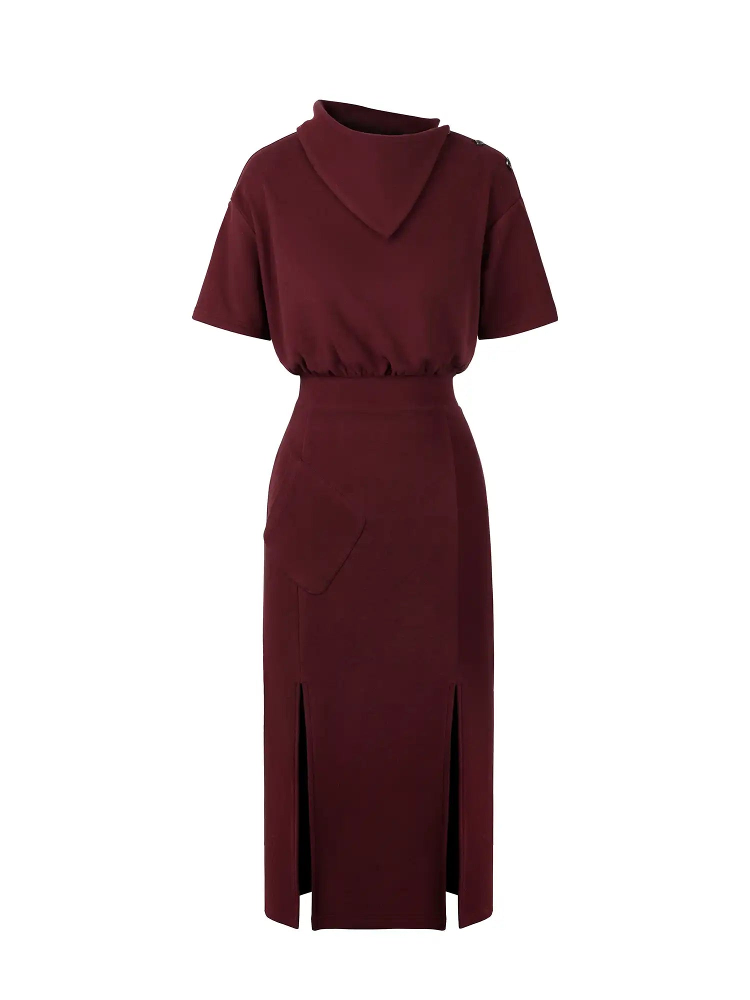 Fold-Down Neck Slit Hem Midi Dress