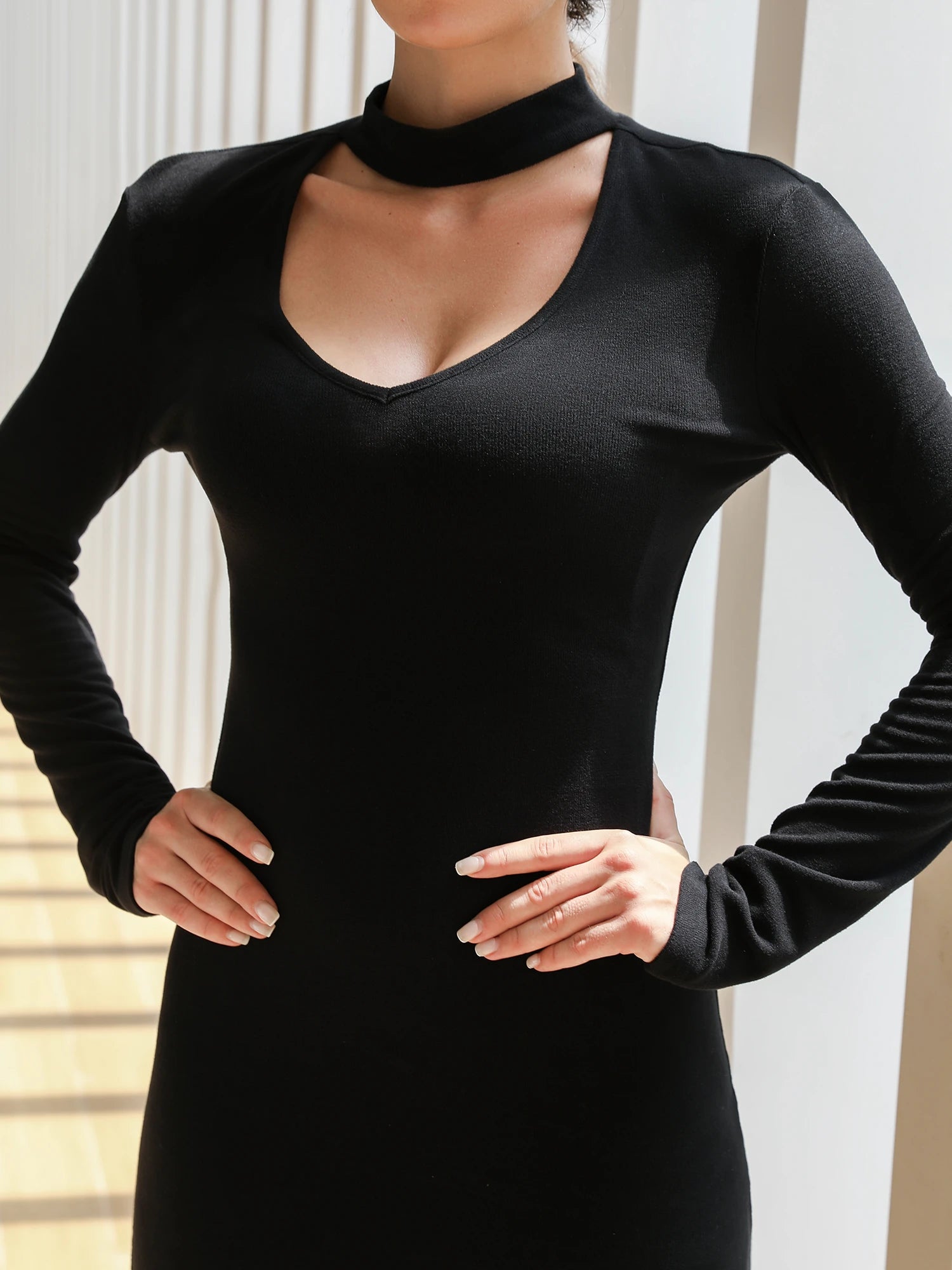 Haltered V-Neck Form Fitting Midi Dress