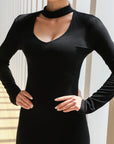 Haltered V-Neck Form Fitting Midi Dress