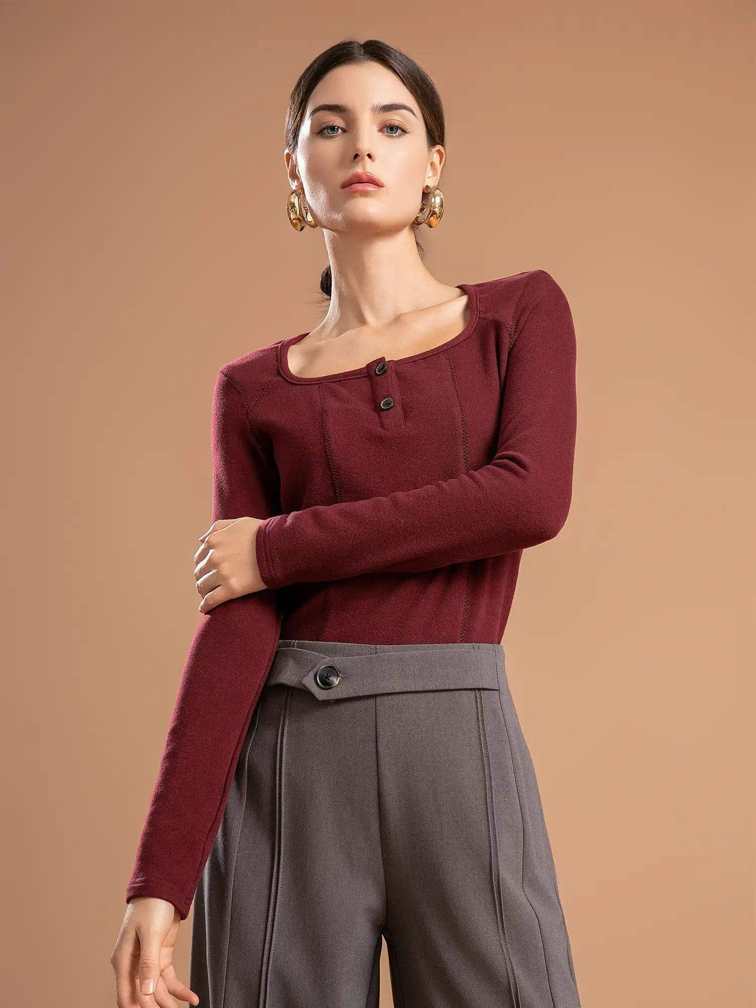 Round Neck Stitch Long Sleeve Top