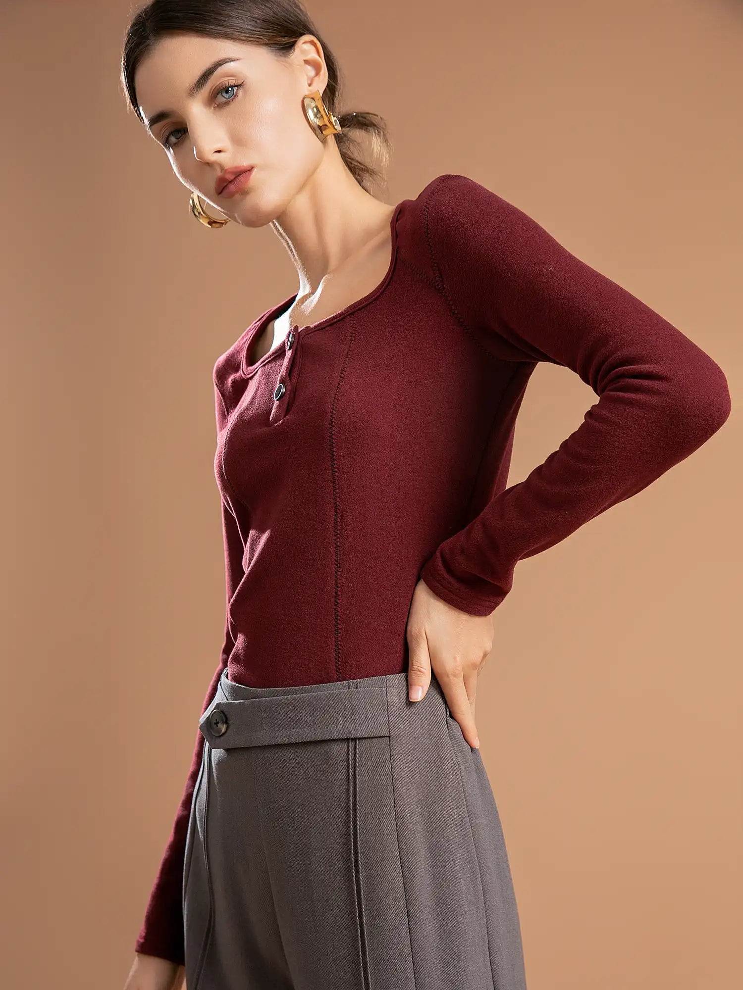 Round Neck Stitch Long Sleeve Top