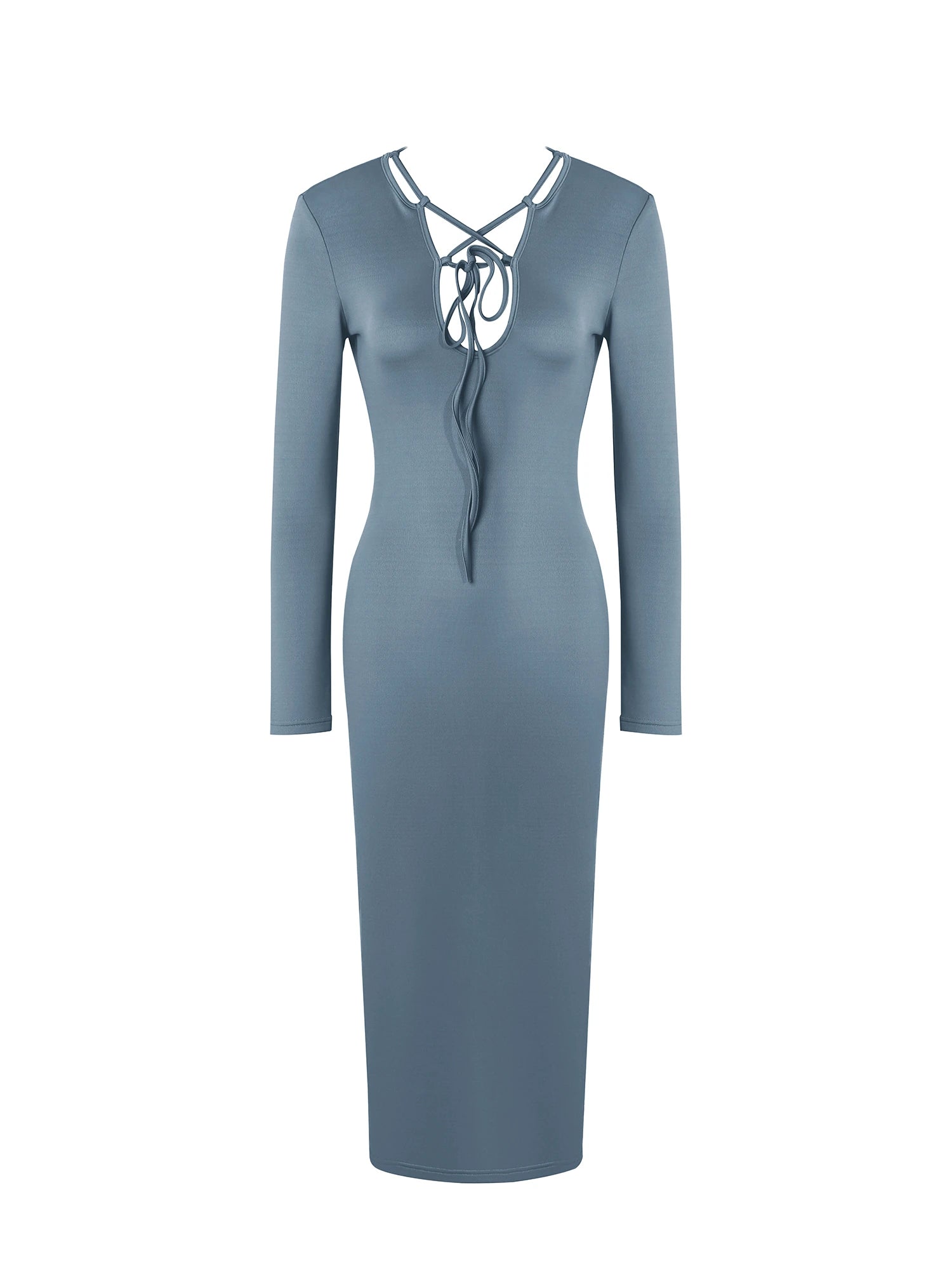 U-Neck Drawstring Long Sleeve Midi Dress