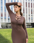 U-Neck Drawstring Long Sleeve Midi Dress