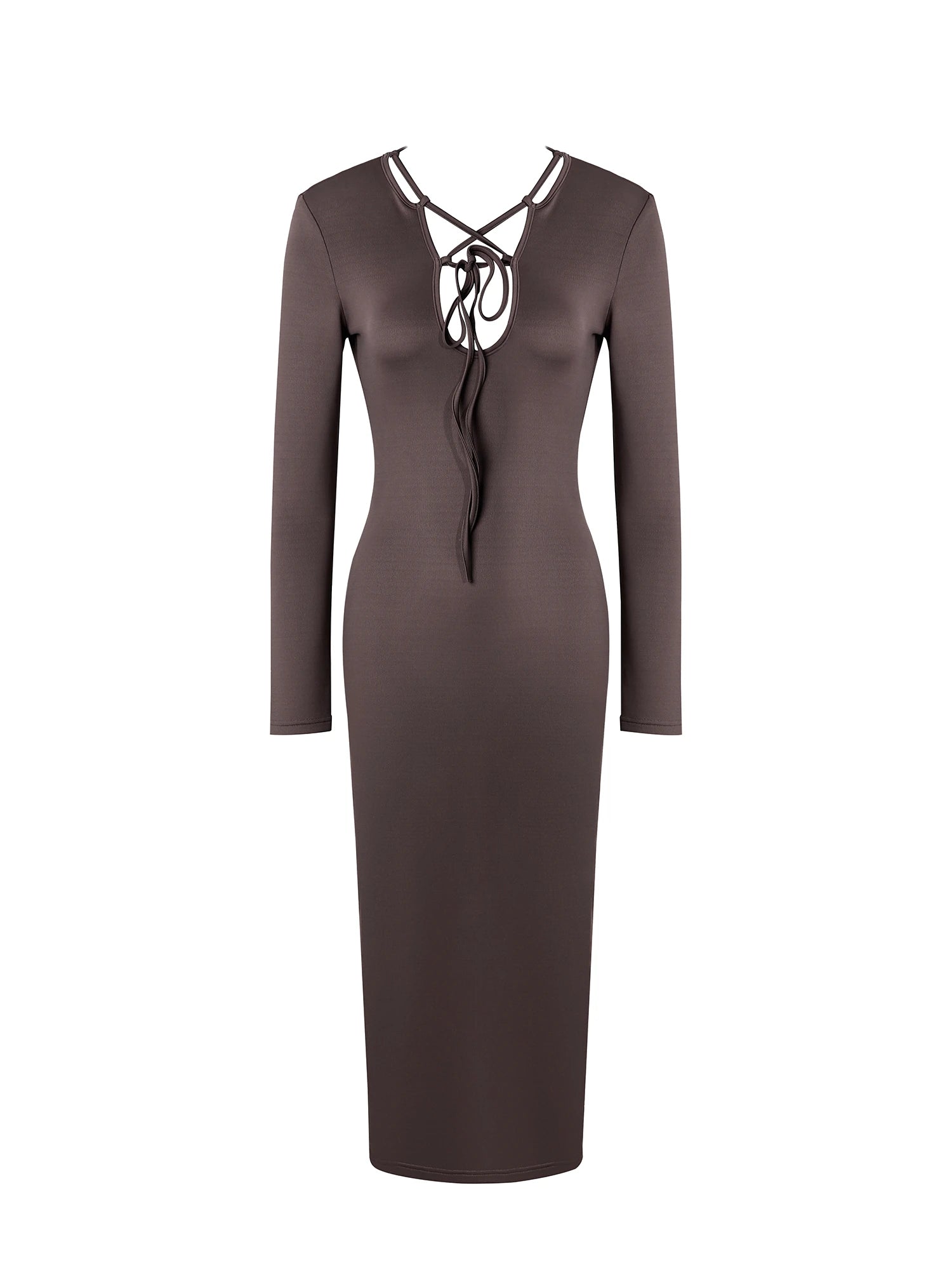 U-Neck Drawstring Long Sleeve Midi Dress