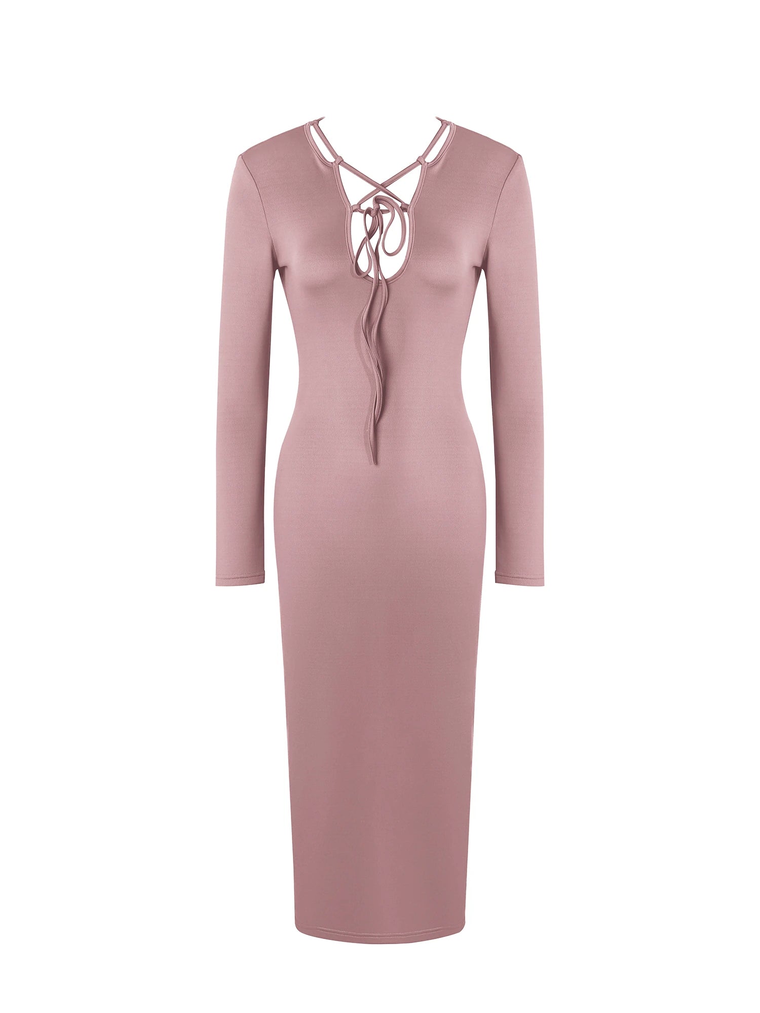 U-Neck Drawstring Long Sleeve Midi Dress