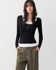 Lace-Trim Layered Henley Top in Gray/Mint a?? view 4