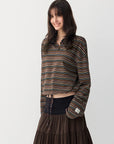 Striped Drawstring-Hem Polo Top