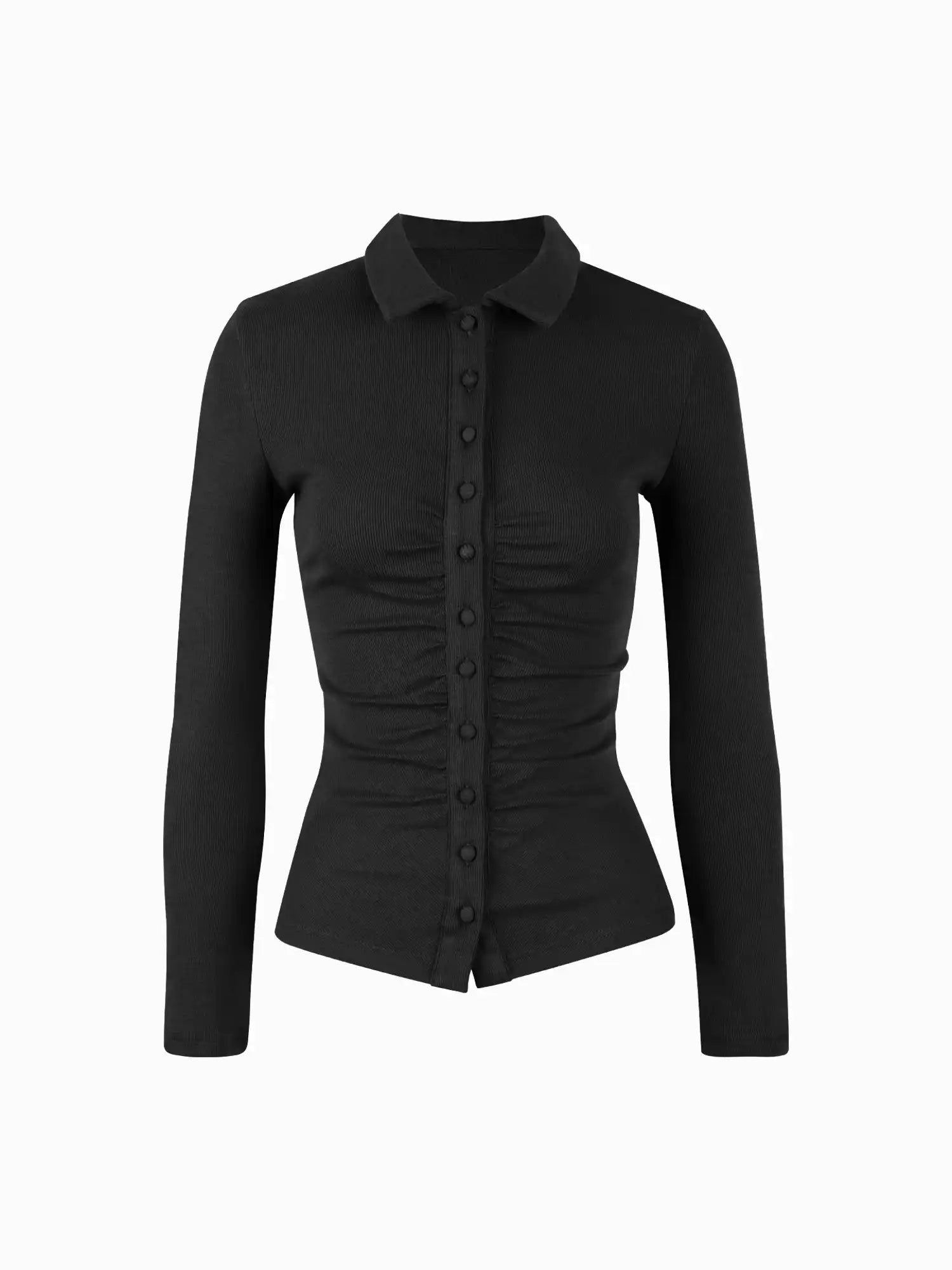 Ruched Button Front Collared Knit Top