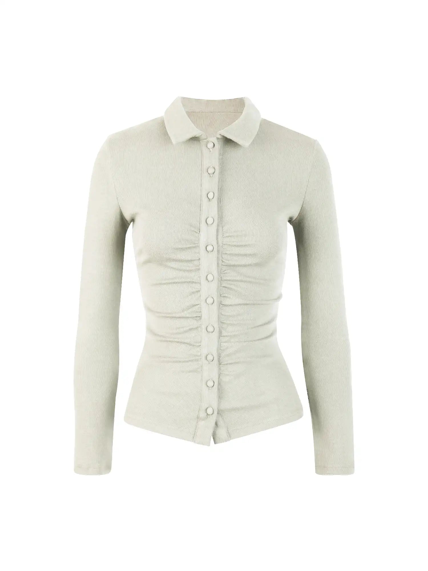 Ruched Button Front Collared Knit Top