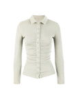 Ruched Button Front Collared Knit Top