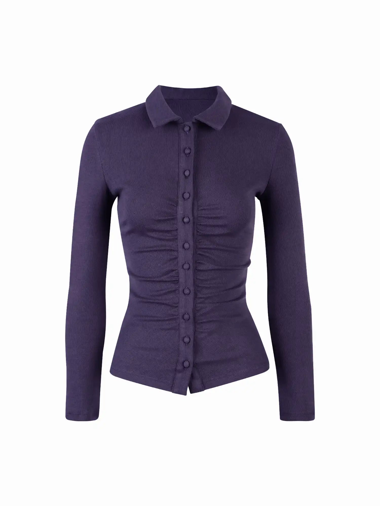 Ruched Button Front Collared Knit Top