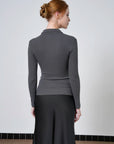 Ruched Button Front Collared Knit Top