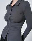 Ruched Button Front Collared Knit Top