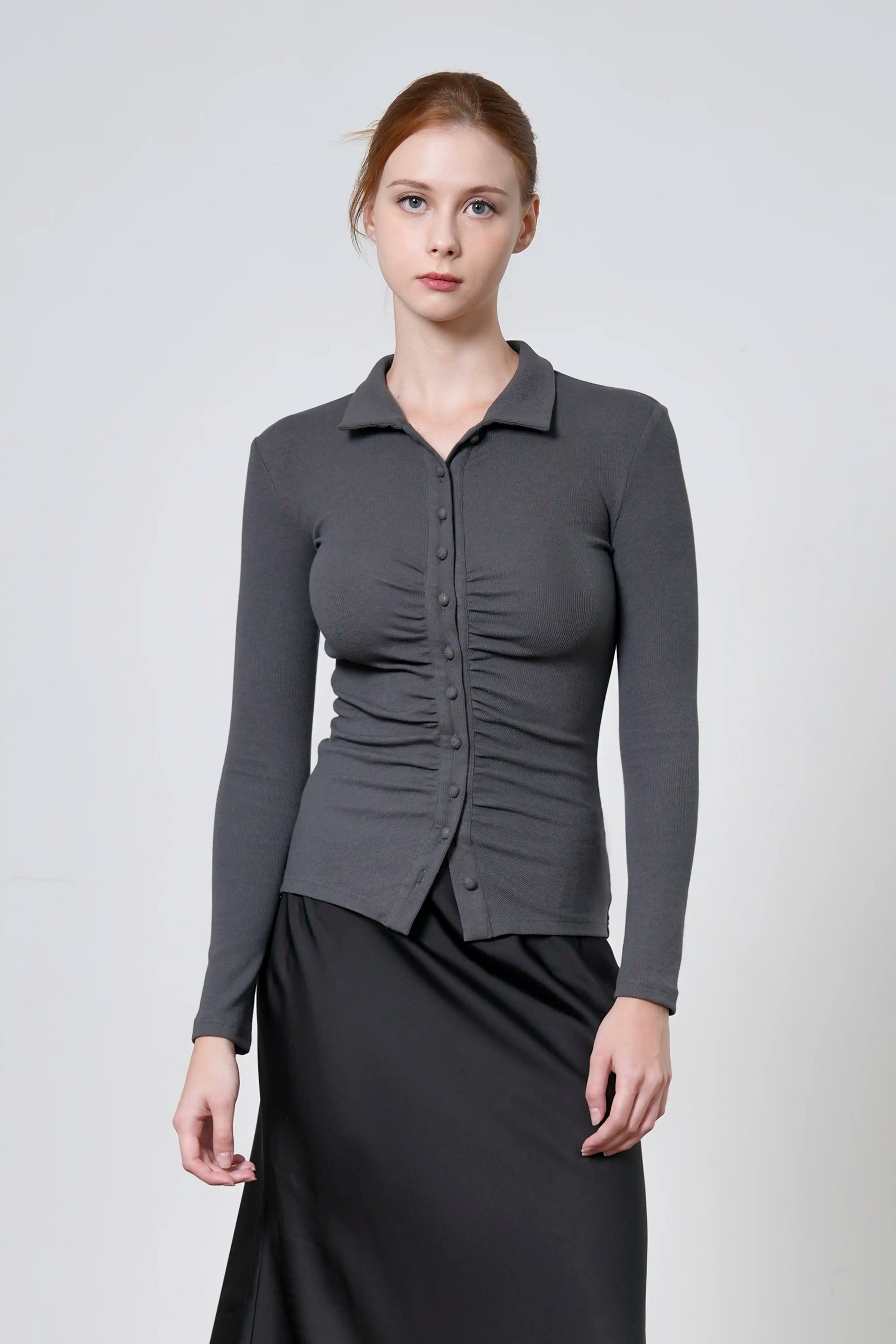 Ruched Button Front Collared Knit Top