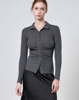 Ruched Button Front Collared Knit Top