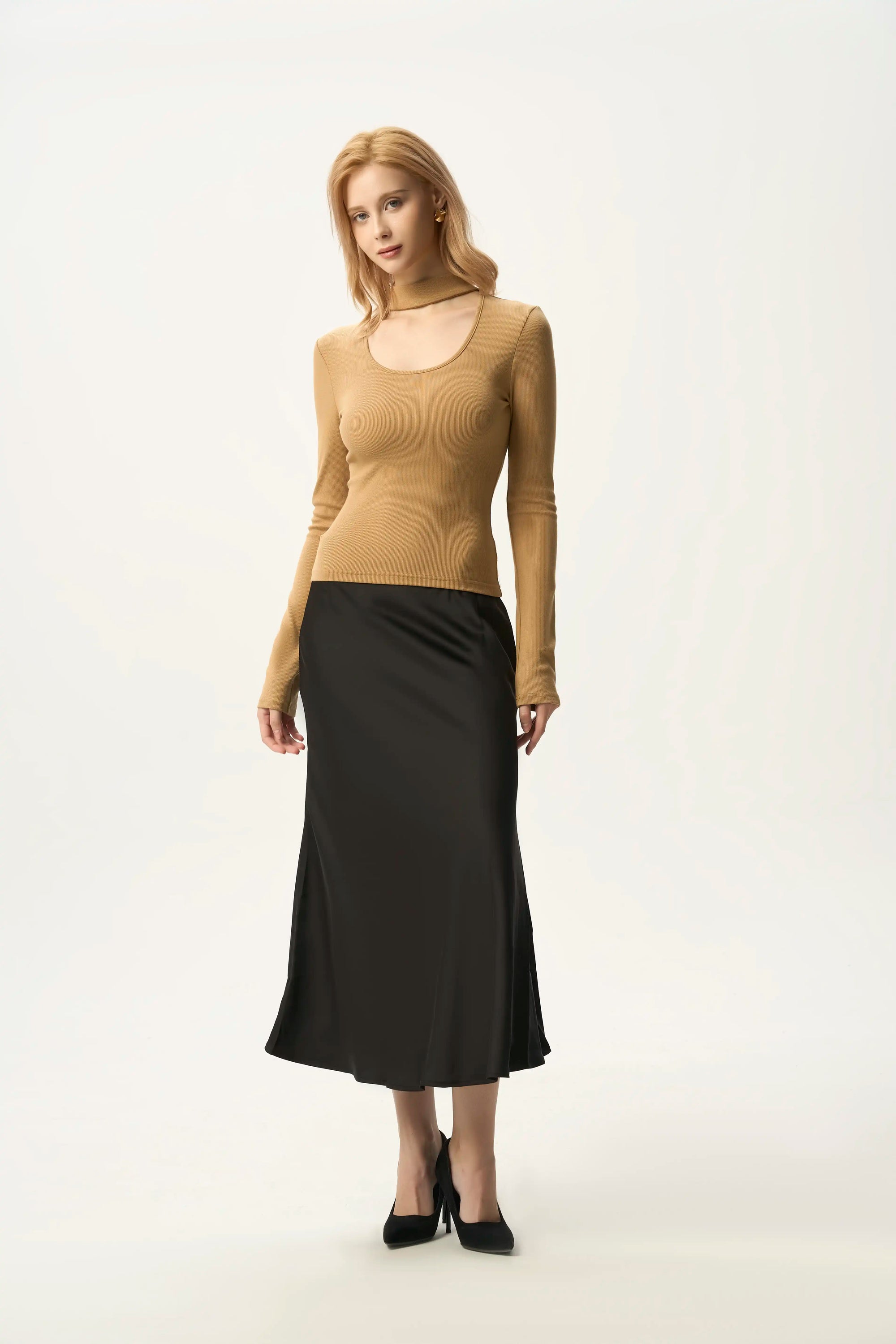 Cutout Mock Neck Ribbed Top