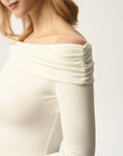 Off-Shoulder Ruched Fold-over Long Sleeve Top