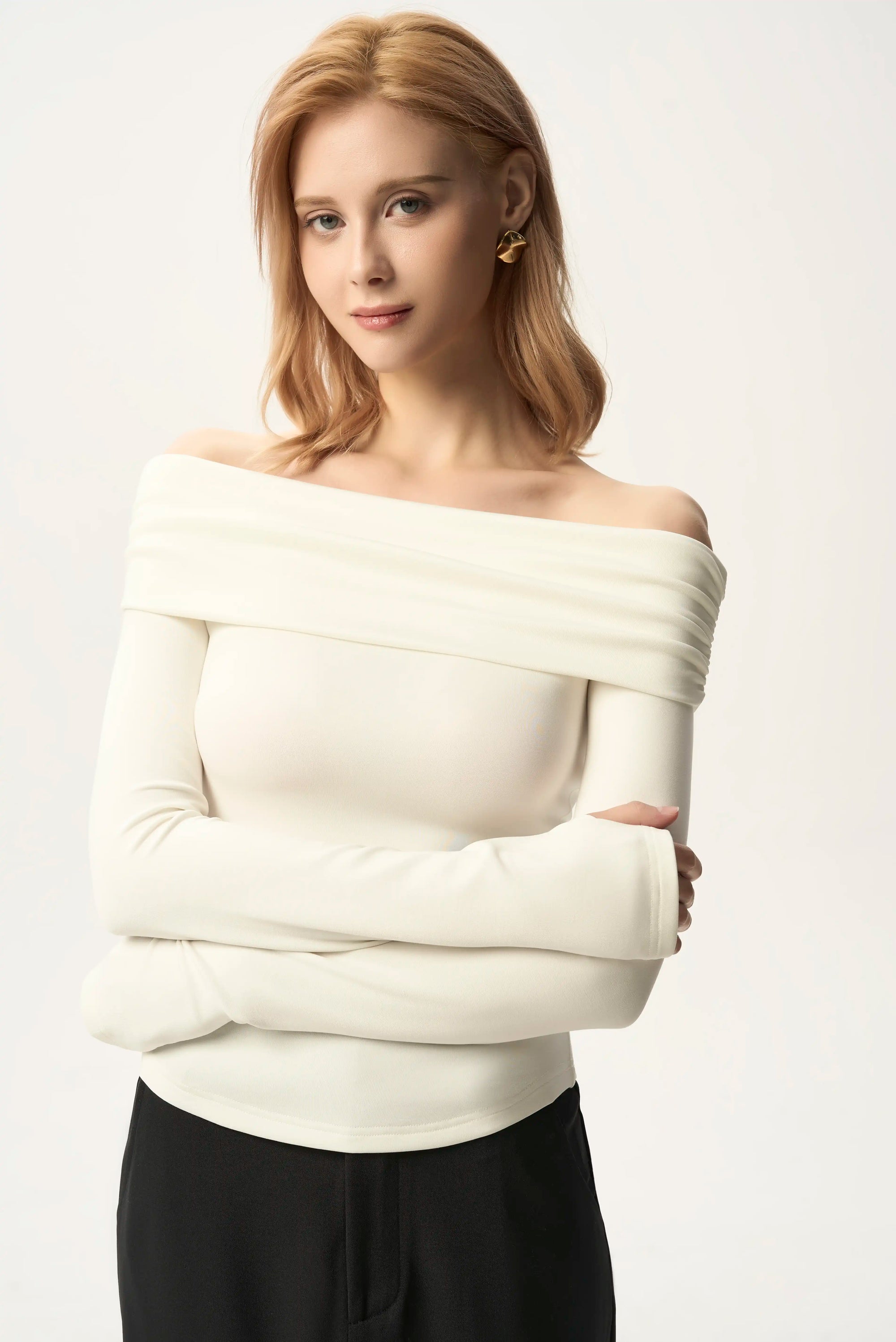 Off-Shoulder Ruched Fold-over Long Sleeve Top