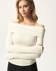 Off-Shoulder Ruched Fold-over Long Sleeve Top