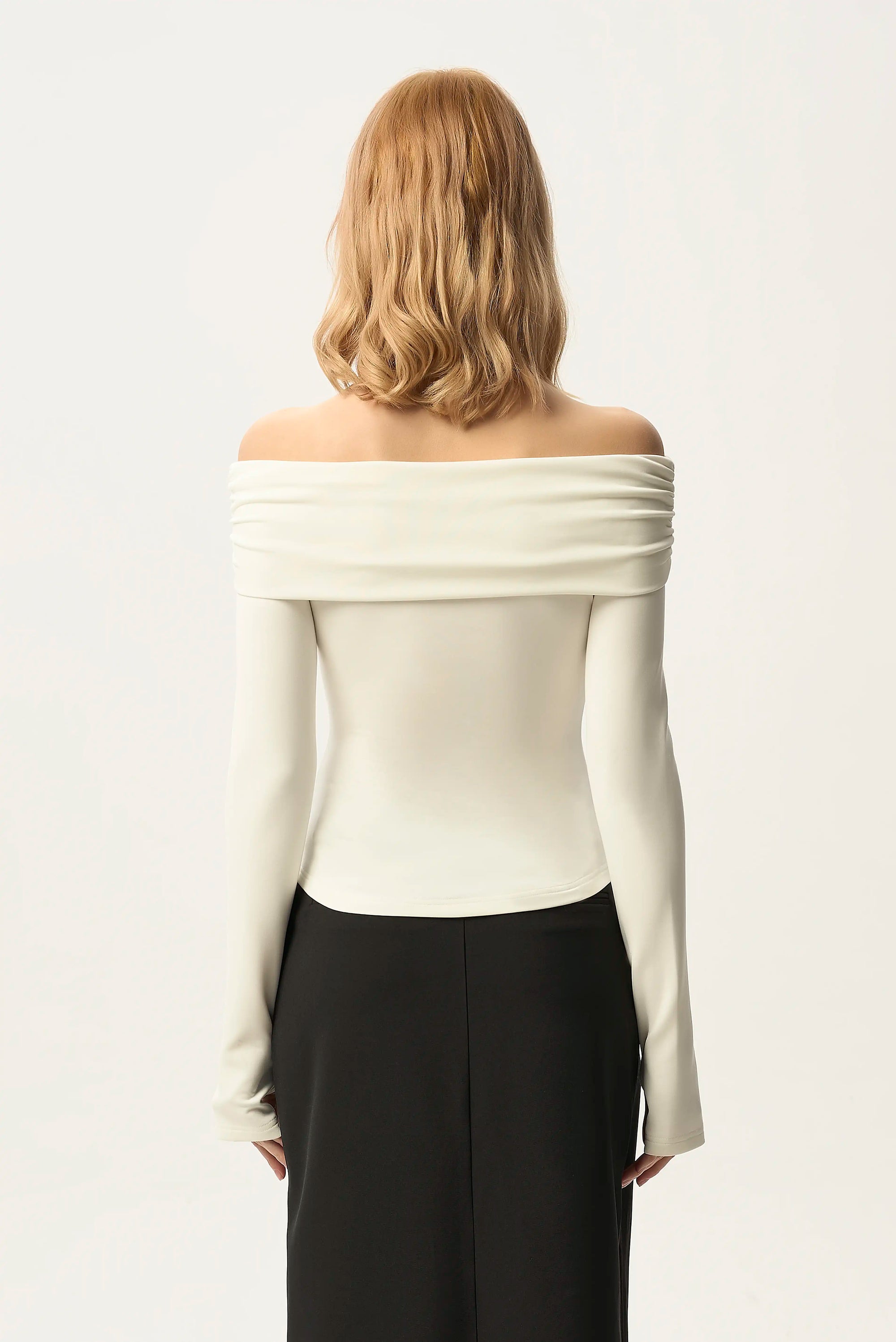 Off-Shoulder Ruched Fold-over Long Sleeve Top