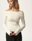 Off-Shoulder Ruched Fold-over Long Sleeve Top