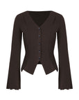 Cutout Shoulder Button-Front Fitted Top