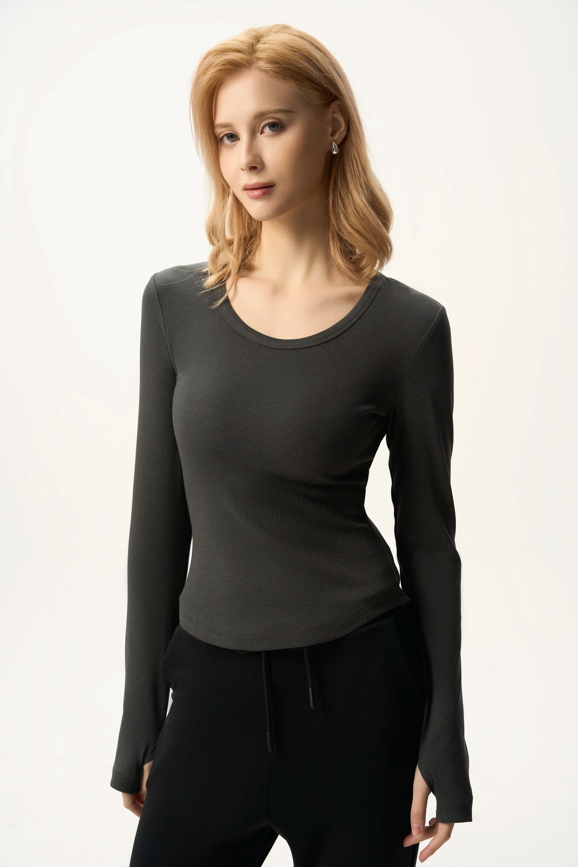 Scoop Neck Fitted Long Sleeve Top