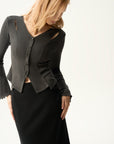 Cutout Shoulder Button-Front Fitted Top