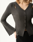 Cutout Shoulder Button-Front Fitted Top