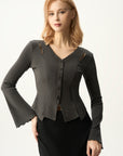 Cutout Shoulder Button-Front Fitted Top